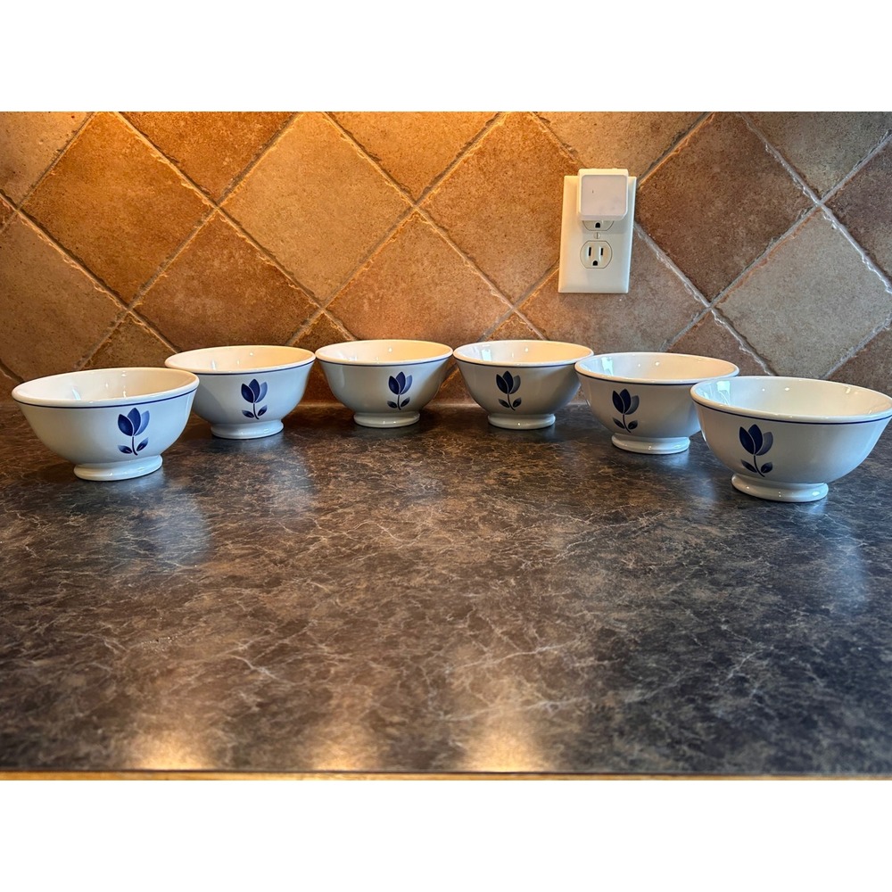 Vintage Home Italy White Blue Tulip Bowls Set of 6 White Ceramic Footed Dishware